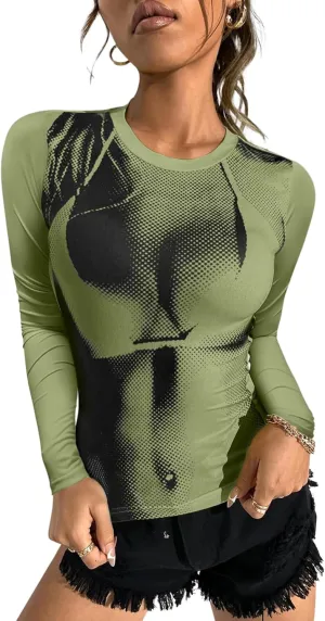 Women's 3D Body Print Crop Tops - Y2k Bikini Boob Graphic Tee Shirt Aesthetic Heat Map Sexy Festival Concert Outfit
