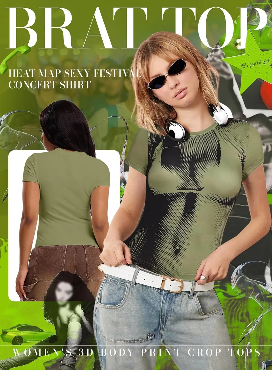 Women's 3D Body Print Crop Tops - Y2k Bikini Boob Graphic Tee Shirt Aesthetic Heat Map Sexy Festival Concert Outfit