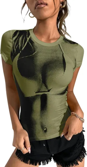 Women's 3D Body Print Crop Tops - Y2k Bikini Boob Graphic Tee Shirt Aesthetic Heat Map Sexy Festival Concert Outfit