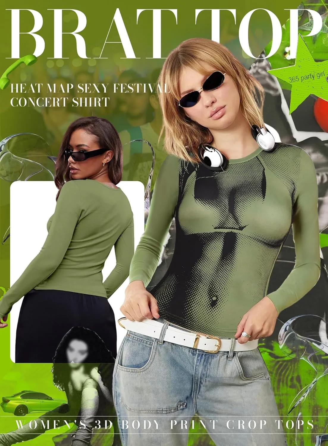 Women's 3D Body Print Crop Tops - Y2k Bikini Boob Graphic Tee Shirt Aesthetic Heat Map Sexy Festival Concert Outfit