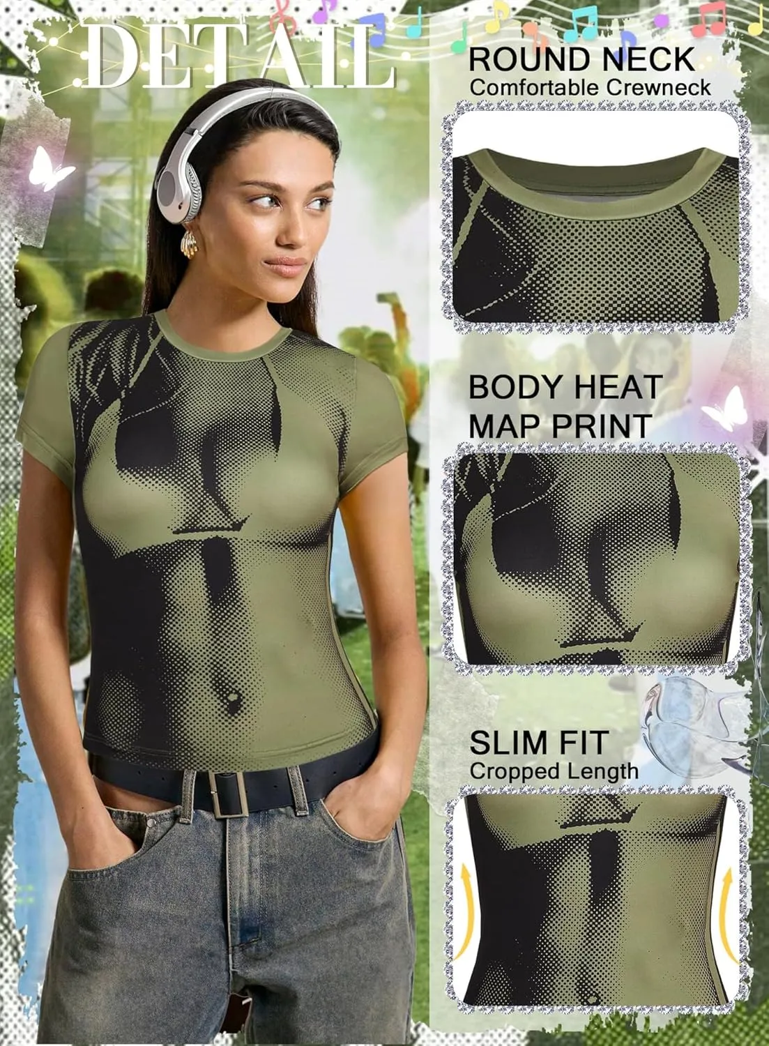 Women's 3D Body Print Crop Tops - Y2k Bikini Boob Graphic Tee Shirt Aesthetic Heat Map Sexy Festival Concert Outfit