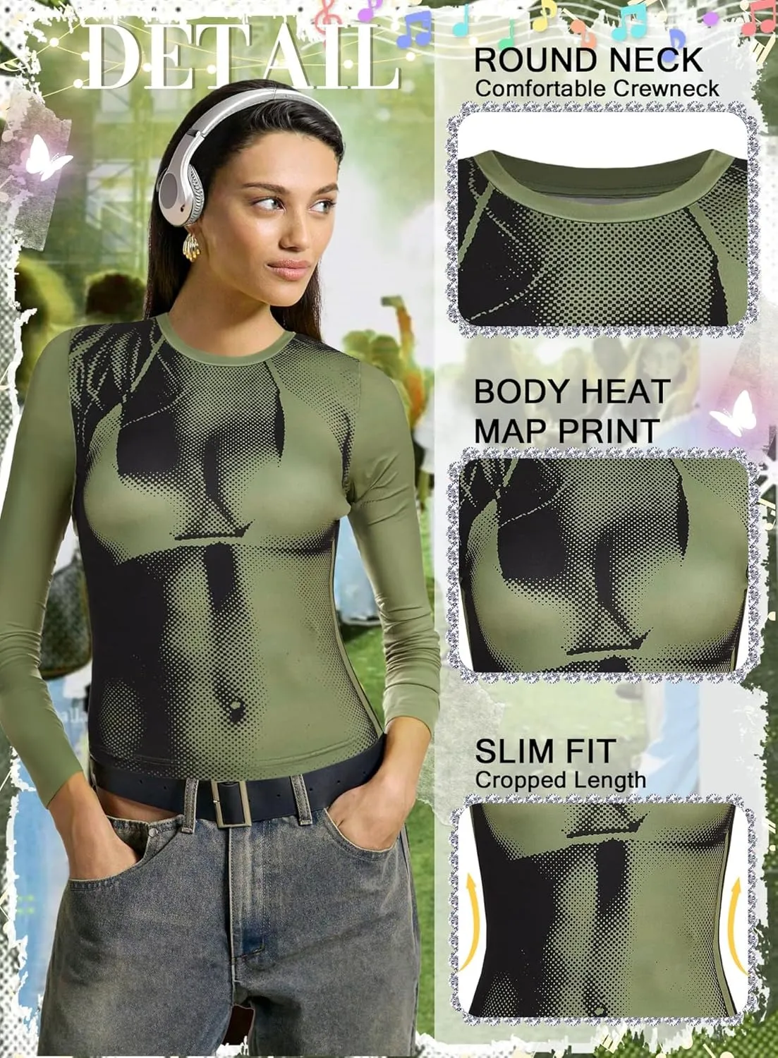 Women's 3D Body Print Crop Tops - Y2k Bikini Boob Graphic Tee Shirt Aesthetic Heat Map Sexy Festival Concert Outfit