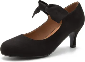 Women's Bowknot Mary Jane Low Kitten Heel Pumps Closed Toe Elastic Strap Dress Office Work Bridal Wedding Party Shoes