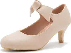 Women's Bowknot Mary Jane Low Kitten Heel Pumps Closed Toe Elastic Strap Dress Office Work Bridal Wedding Party Shoes