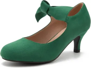 Women's Bowknot Mary Jane Low Kitten Heel Pumps Closed Toe Elastic Strap Dress Office Work Bridal Wedding Party Shoes