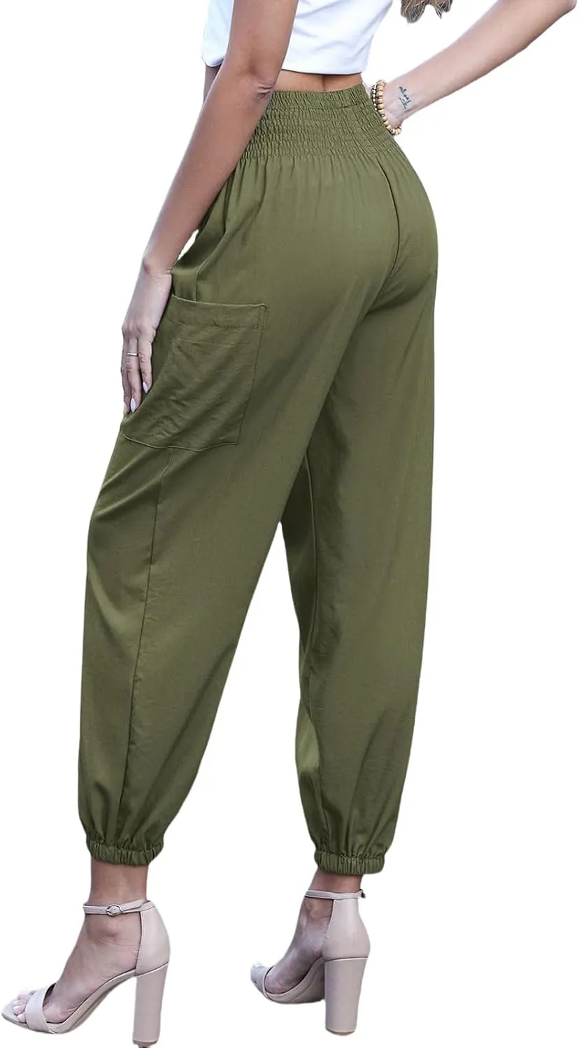 Womens Casual Harem Pants Summer Elastic High Waisted Pants Fashion Dressy Solid Color Business Pant with Pockets