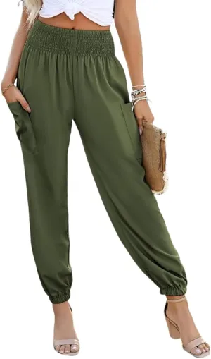 Womens Casual Harem Pants Summer Elastic High Waisted Pants Fashion Dressy Solid Color Business Pant with Pockets