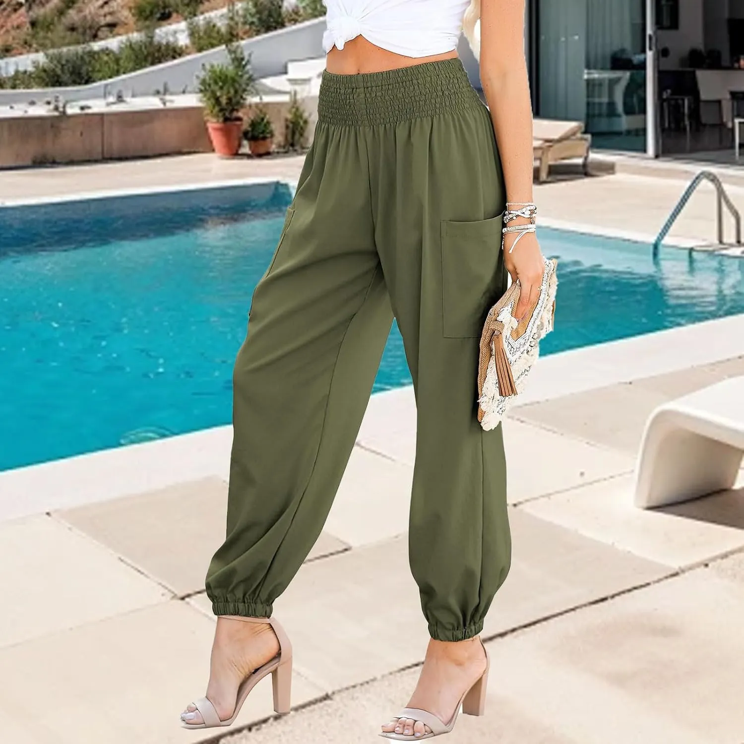 Womens Casual Harem Pants Summer Elastic High Waisted Pants Fashion Dressy Solid Color Business Pant with Pockets