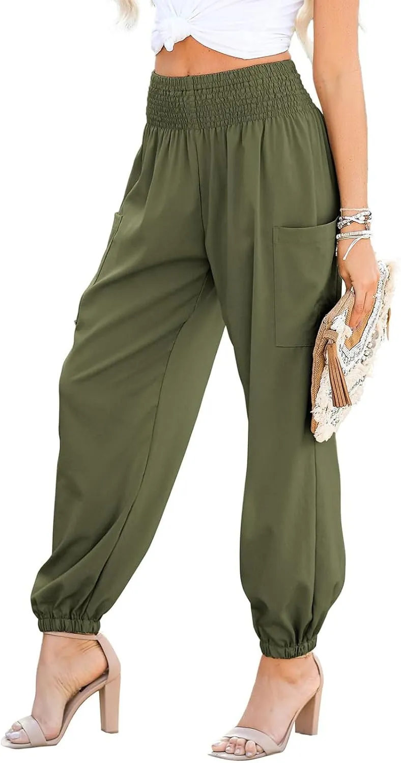 Womens Casual Harem Pants Summer Elastic High Waisted Pants Fashion Dressy Solid Color Business Pant with Pockets