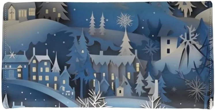 Womens Christmas Gift Trifold Wallets Snow Town Reindeer Large Capacity Wallet Paper Craving Pine Forest Deer PU Luxury Leather Ladies Long Slim Card Holder Purse