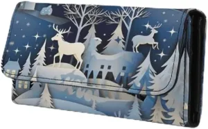 Womens Christmas Gift Trifold Wallets Snow Town Reindeer Large Capacity Wallet Paper Craving Pine Forest Deer PU Luxury Leather Ladies Long Slim Card Holder Purse