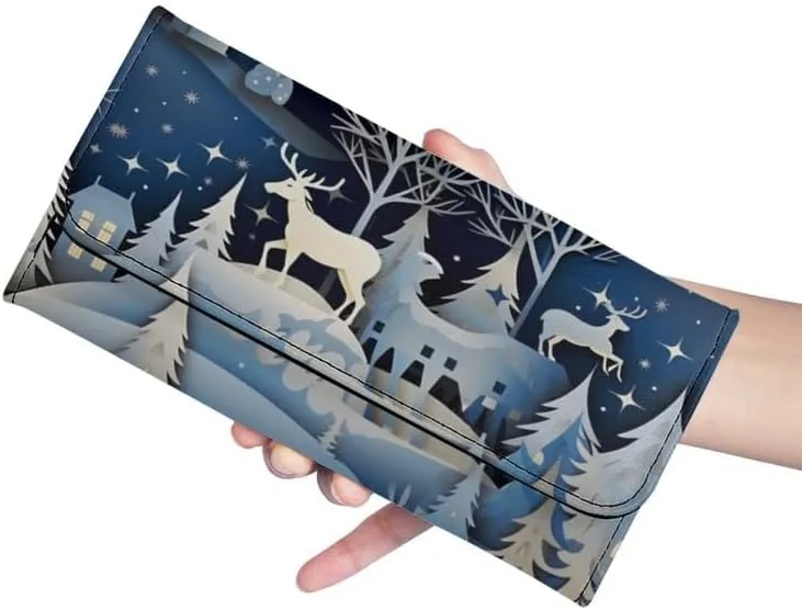 Womens Christmas Gift Trifold Wallets Snow Town Reindeer Large Capacity Wallet Paper Craving Pine Forest Deer PU Luxury Leather Ladies Long Slim Card Holder Purse