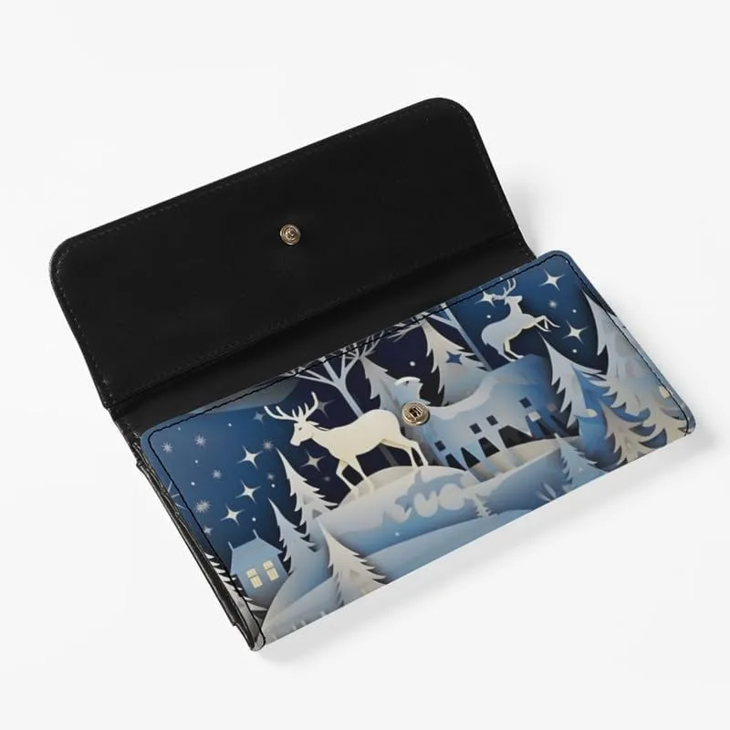 Womens Christmas Gift Trifold Wallets Snow Town Reindeer Large Capacity Wallet Paper Craving Pine Forest Deer PU Luxury Leather Ladies Long Slim Card Holder Purse
