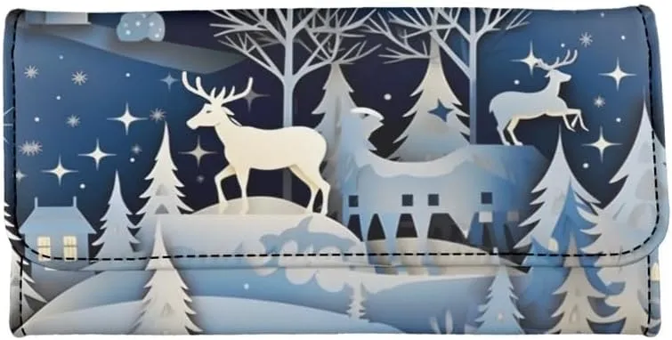 Womens Christmas Gift Trifold Wallets Snow Town Reindeer Large Capacity Wallet Paper Craving Pine Forest Deer PU Luxury Leather Ladies Long Slim Card Holder Purse