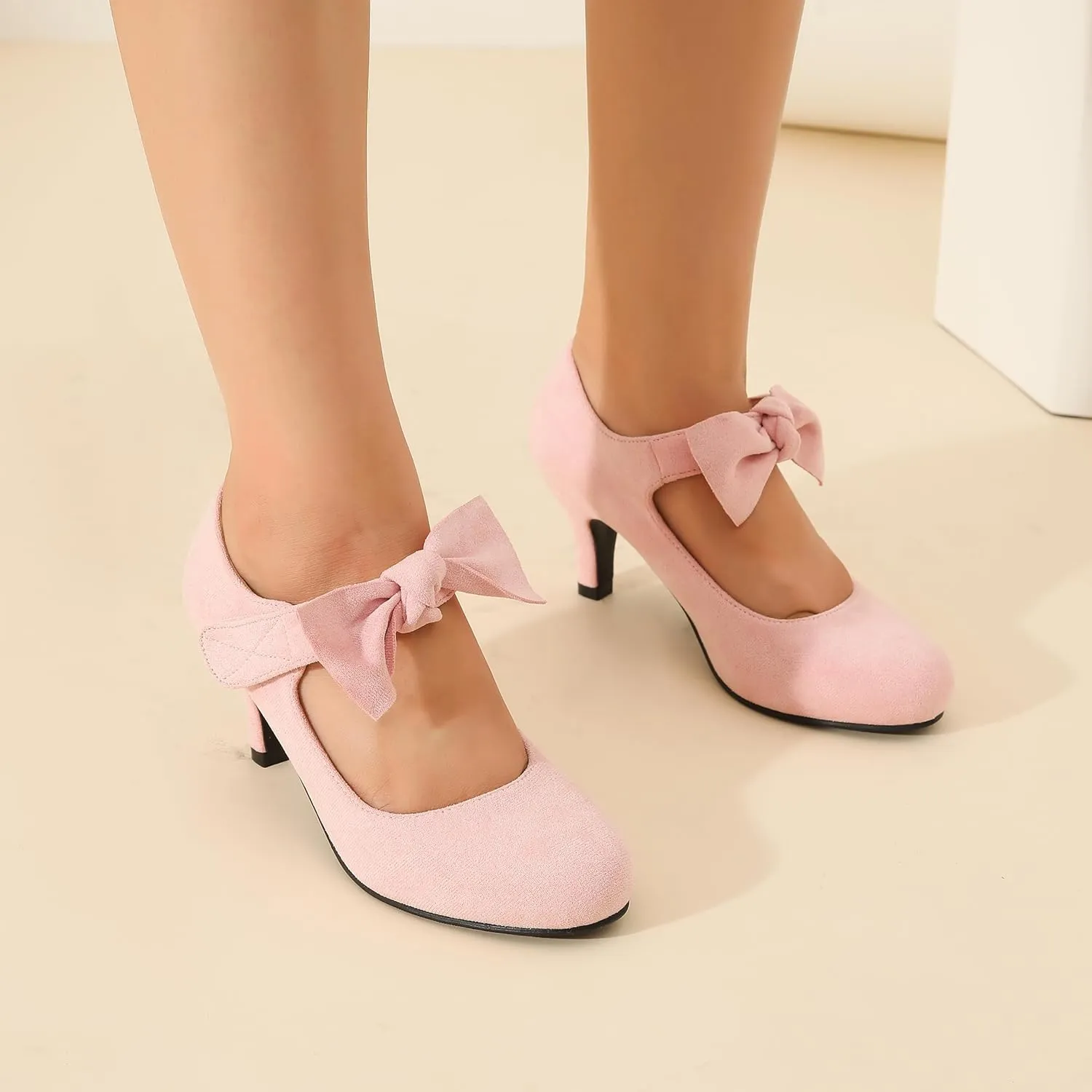 Women's Cute Bow Heels Mary Jane Low Kitten Heel Pumps Closed Toe Bowtie Ankle Strap Hook & Loop Vintage Wedding Evening Party Dress Office Work Church Shoes