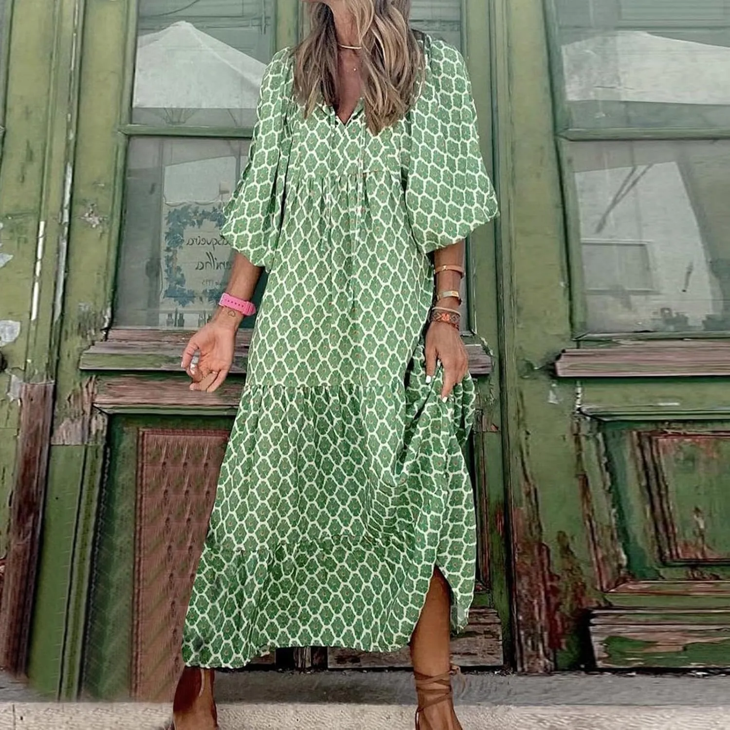 Women's Elbow Sleeve Loose Sundress Cute Flower Graphic Print Maxi Dress Casual Trendy Summer Dresses