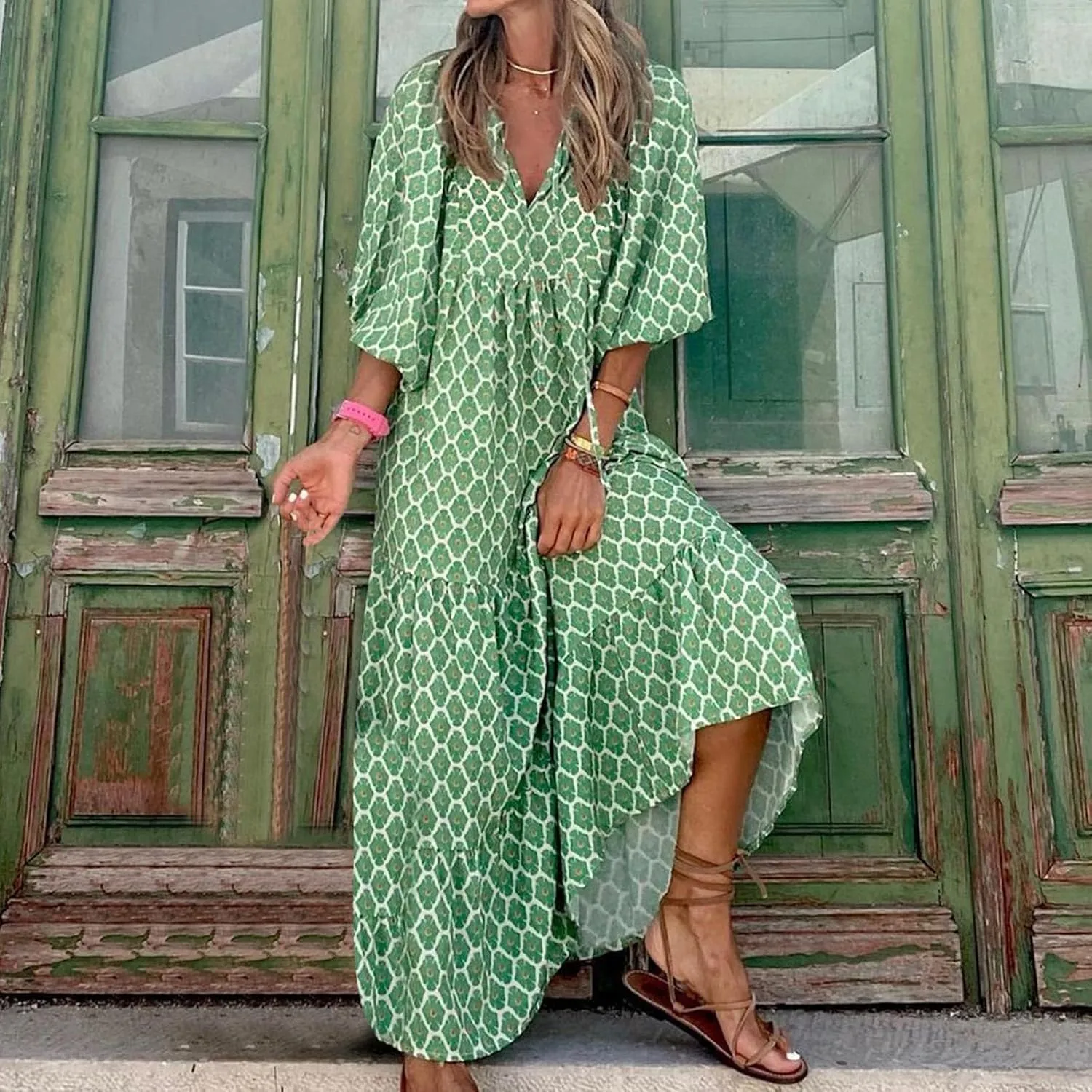 Women's Elbow Sleeve Loose Sundress Cute Flower Graphic Print Maxi Dress Casual Trendy Summer Dresses
