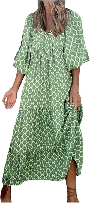 Women's Elbow Sleeve Loose Sundress Cute Flower Graphic Print Maxi Dress Casual Trendy Summer Dresses