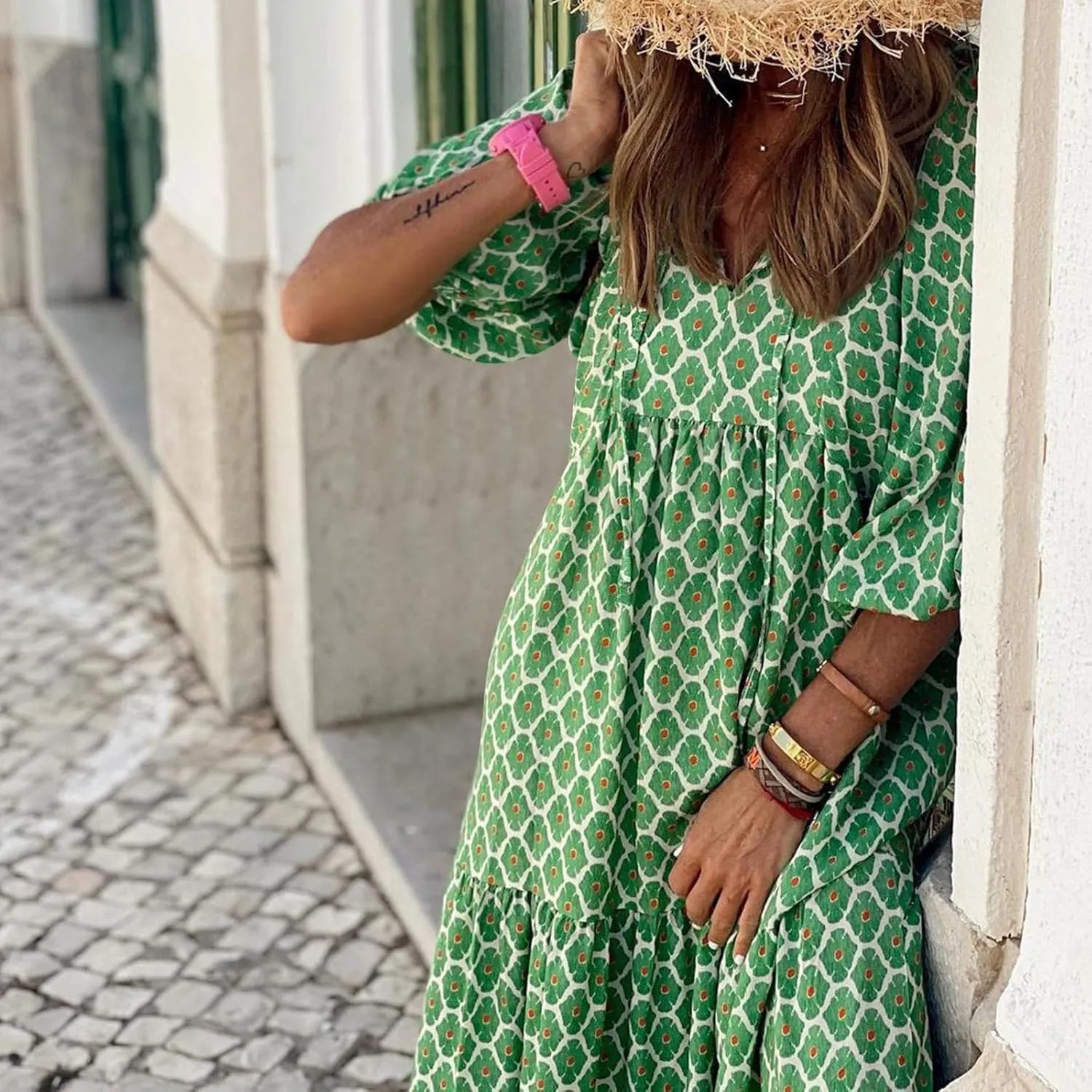 Women's Elbow Sleeve Loose Sundress Cute Flower Graphic Print Maxi Dress Casual Trendy Summer Dresses
