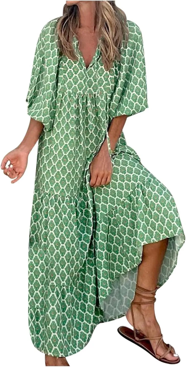 Women's Elbow Sleeve Loose Sundress Cute Flower Graphic Print Maxi Dress Casual Trendy Summer Dresses