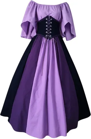 Womens Gothic Dress Vintage Off Shoulder Ruffle Sleeve Tie Up Corset Dress Renaissance Plus Size Victorian Dress