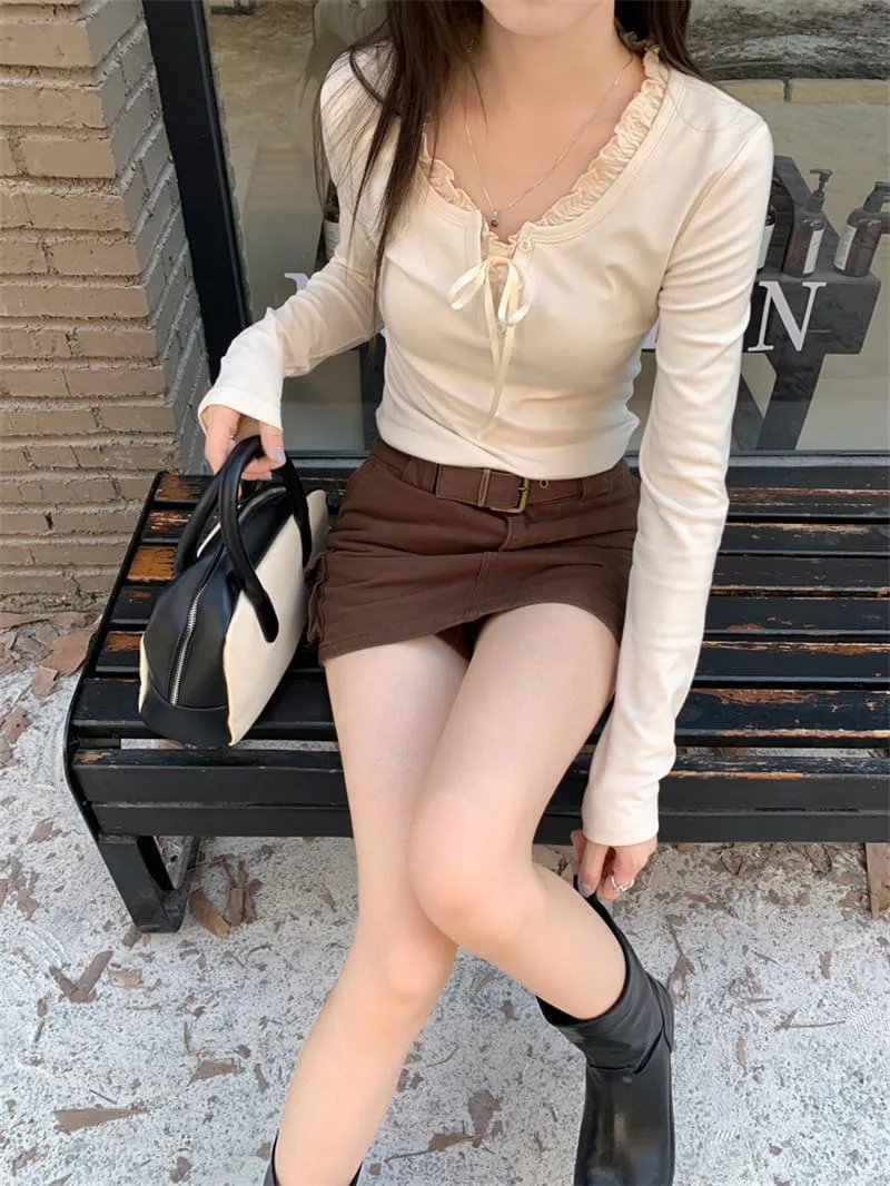 Womens Long Sleeve Lace Trim Shirts Coquette Bow Tie Front Vintage Ribbed Knit Y2k Shirts Top Fairy Grunge Clothes