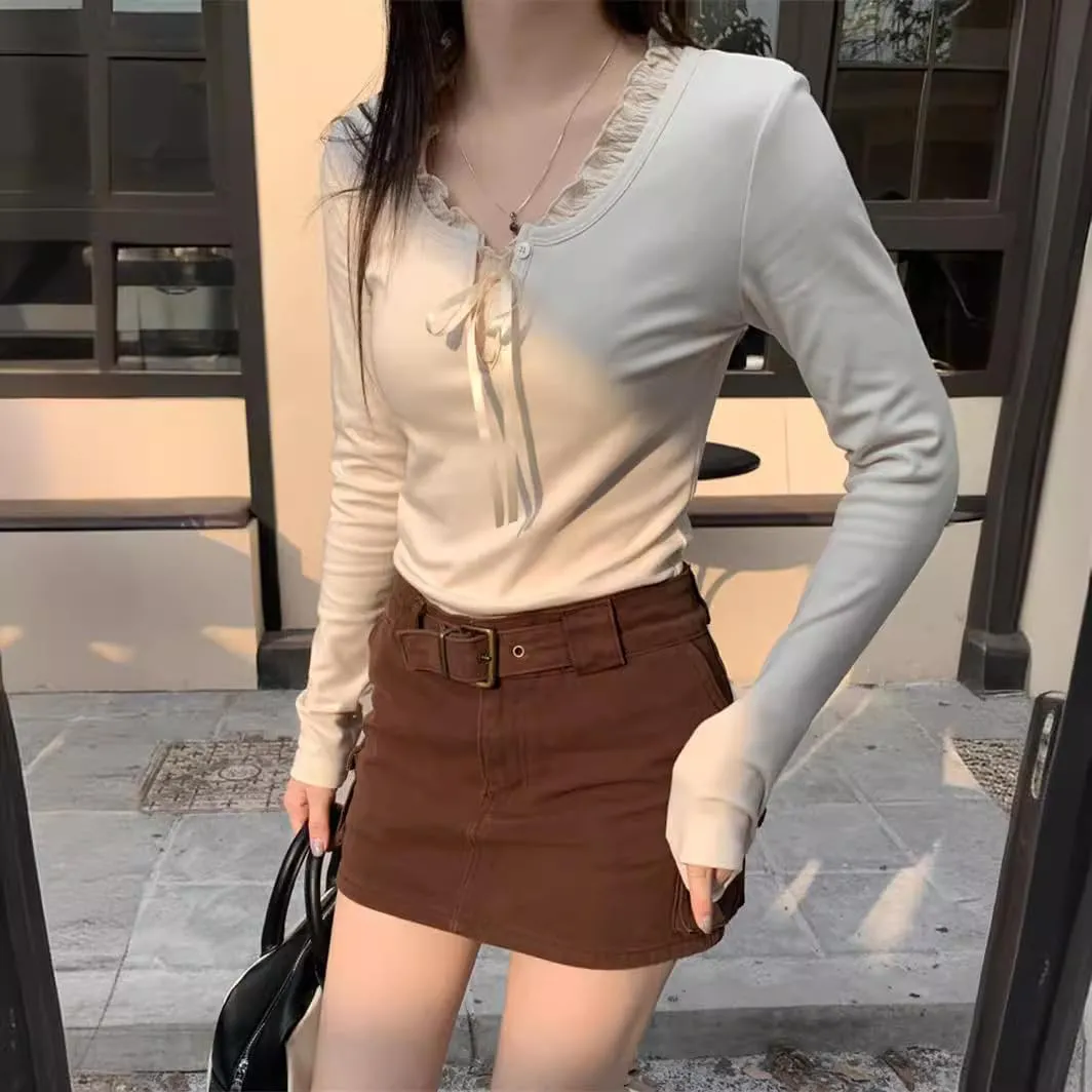 Womens Long Sleeve Lace Trim Shirts Coquette Bow Tie Front Vintage Ribbed Knit Y2k Shirts Top Fairy Grunge Clothes