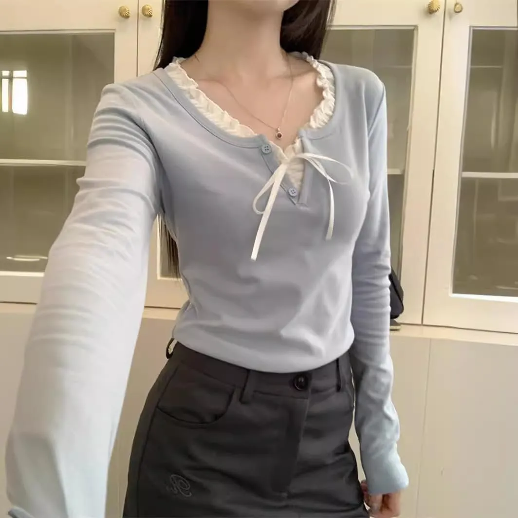 Womens Long Sleeve Lace Trim Shirts Coquette Bow Tie Front Vintage Ribbed Knit Y2k Shirts Top Fairy Grunge Clothes