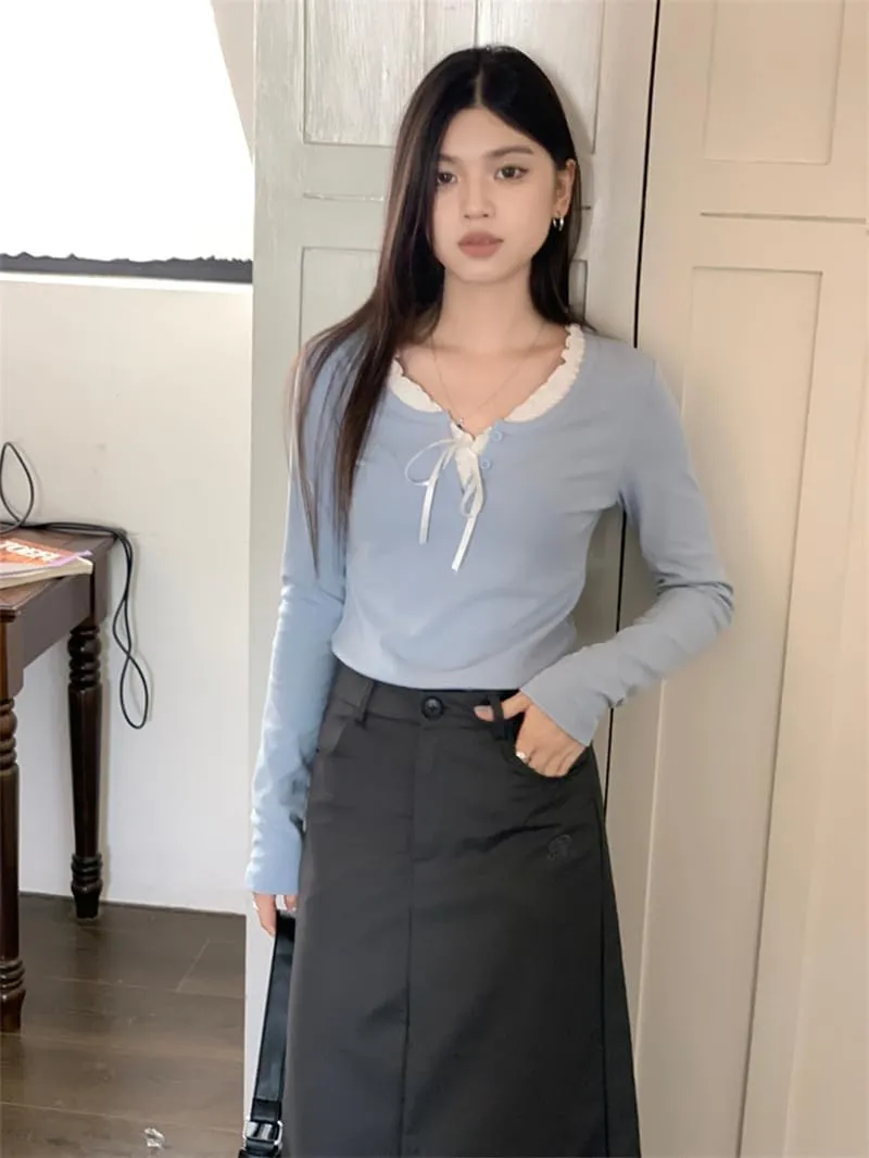 Womens Long Sleeve Lace Trim Shirts Coquette Bow Tie Front Vintage Ribbed Knit Y2k Shirts Top Fairy Grunge Clothes