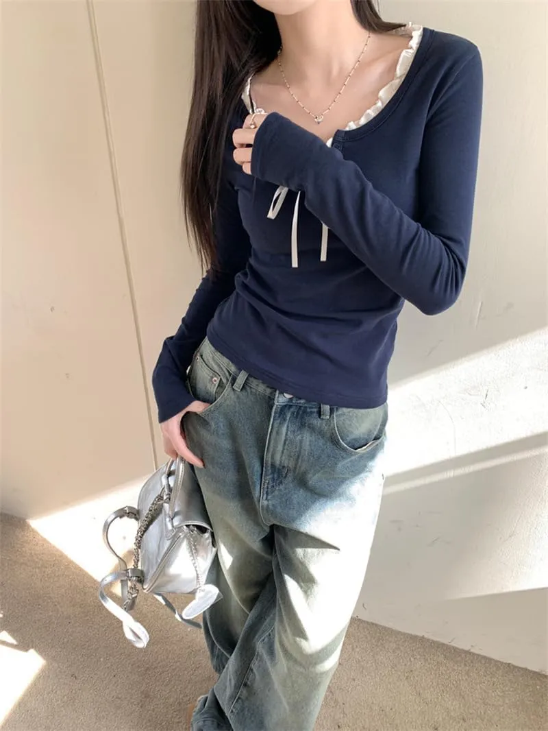 Womens Long Sleeve Lace Trim Shirts Coquette Bow Tie Front Vintage Ribbed Knit Y2k Shirts Top Fairy Grunge Clothes