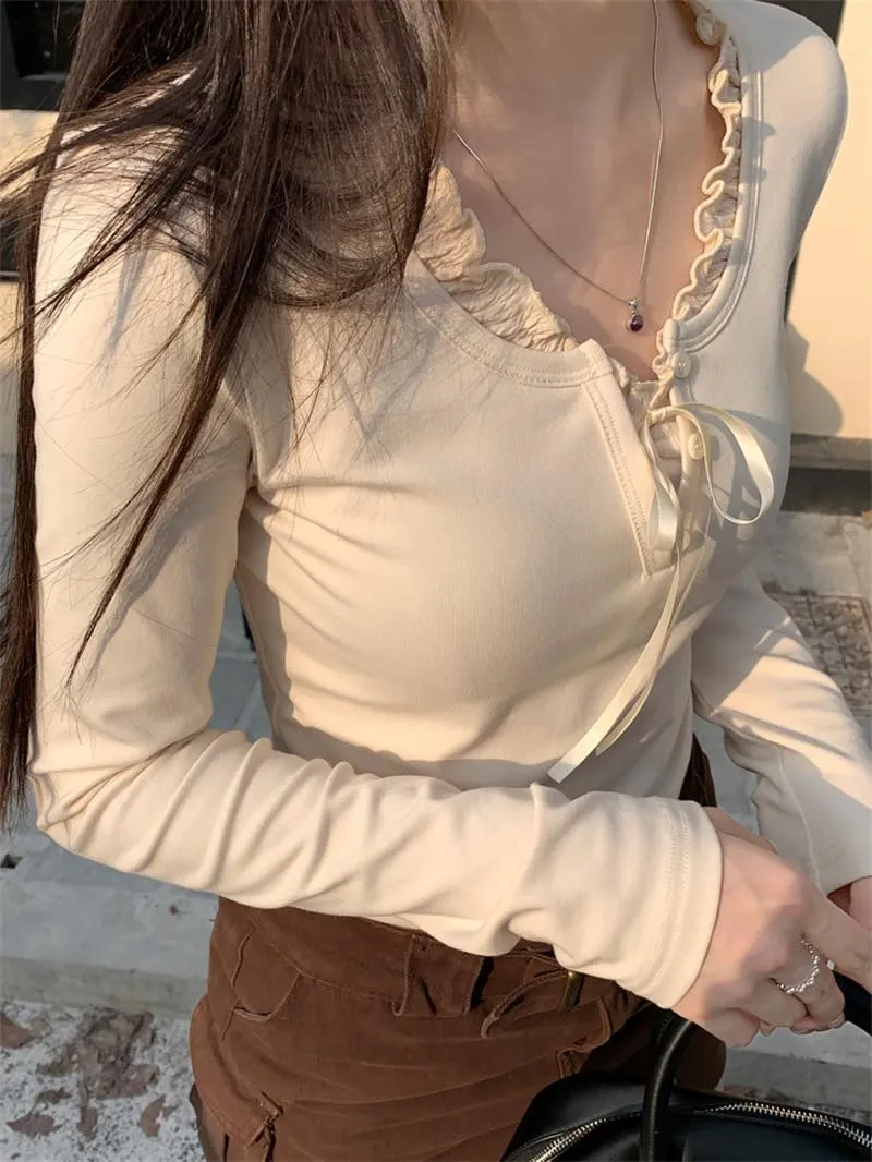 Womens Long Sleeve Lace Trim Shirts Coquette Bow Tie Front Vintage Ribbed Knit Y2k Shirts Top Fairy Grunge Clothes