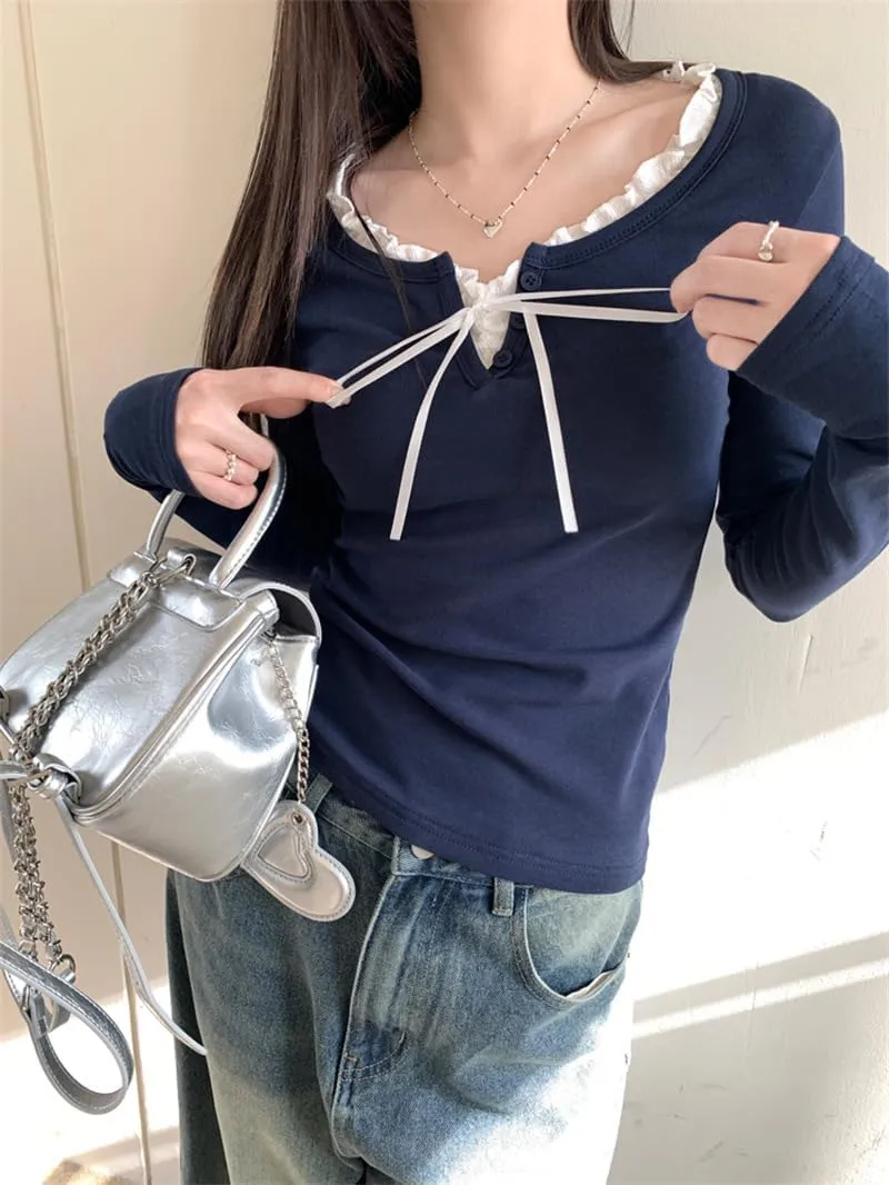 Womens Long Sleeve Lace Trim Shirts Coquette Bow Tie Front Vintage Ribbed Knit Y2k Shirts Top Fairy Grunge Clothes