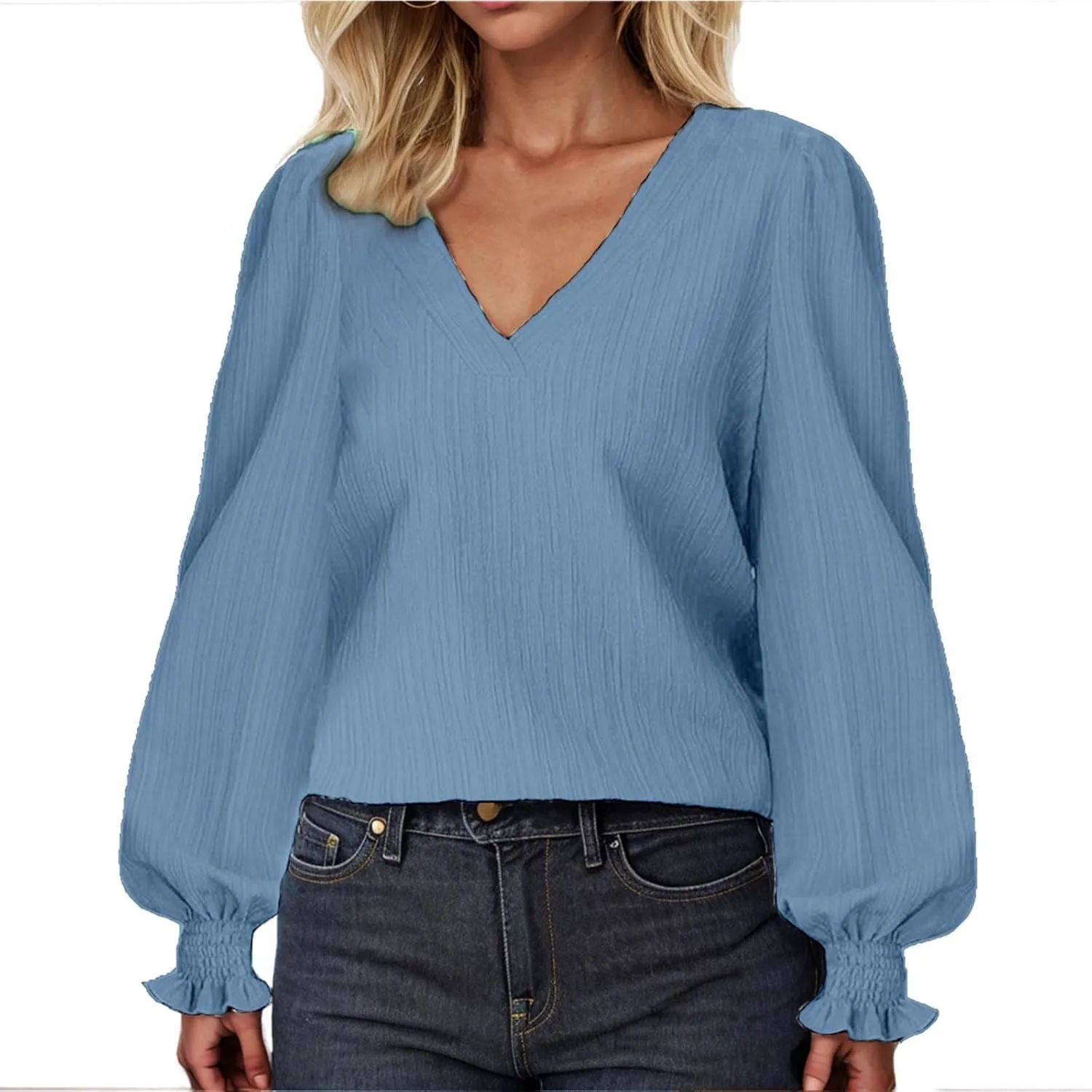 Womens Long Sleeve Tops Fall Fashion 2024 Casual v Neck Tunic Shirts Loose Puff Sleeve Elegant Ladies Blouses