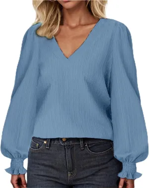 Womens Long Sleeve Tops Fall Fashion 2024 Casual v Neck Tunic Shirts Loose Puff Sleeve Elegant Ladies Blouses
