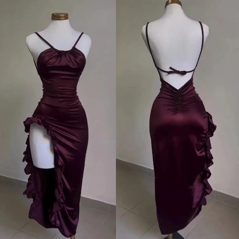Women's Sexy Satin Sleeveless Lace Up Dress Y2k Pleated Backless Bodycon Ruffle Split Dresses for Party Cocktail