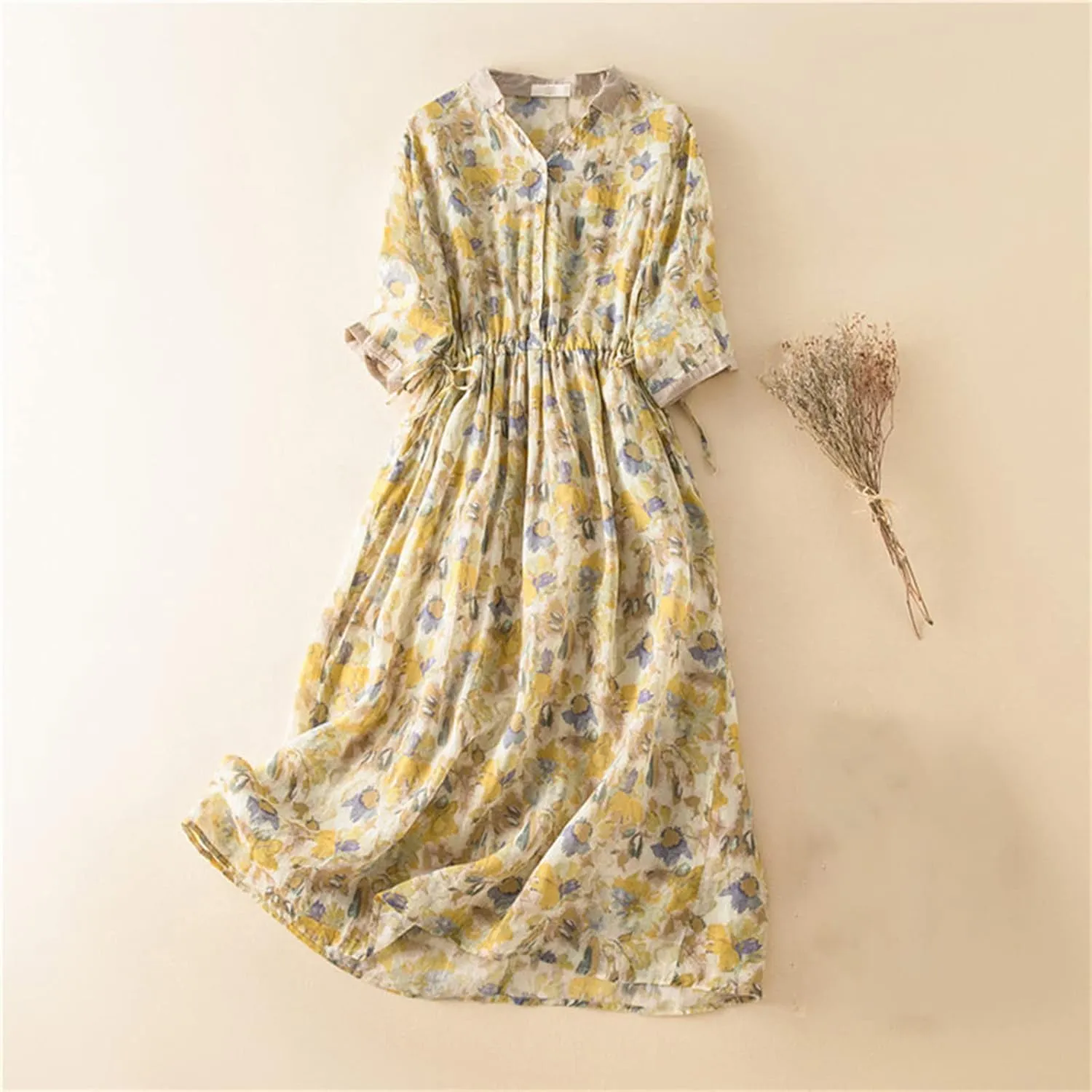 Womens Short Sleeve Lightweight Midi Dresses Cute Flower Graphic Print Sundress Tie Front Cotton Linen Dresses