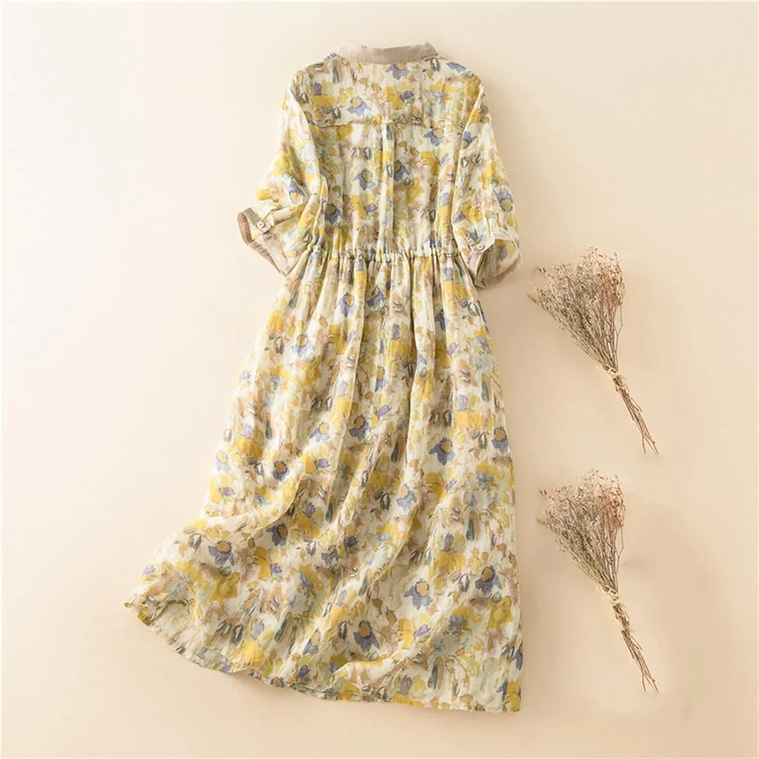 Womens Short Sleeve Lightweight Midi Dresses Cute Flower Graphic Print Sundress Tie Front Cotton Linen Dresses