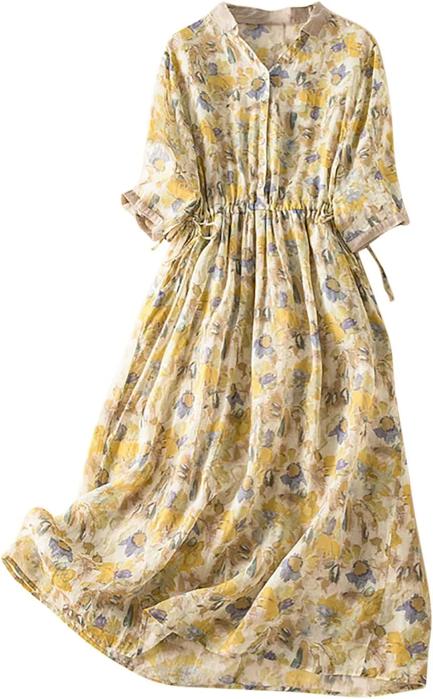 Womens Short Sleeve Lightweight Midi Dresses Cute Flower Graphic Print Sundress Tie Front Cotton Linen Dresses