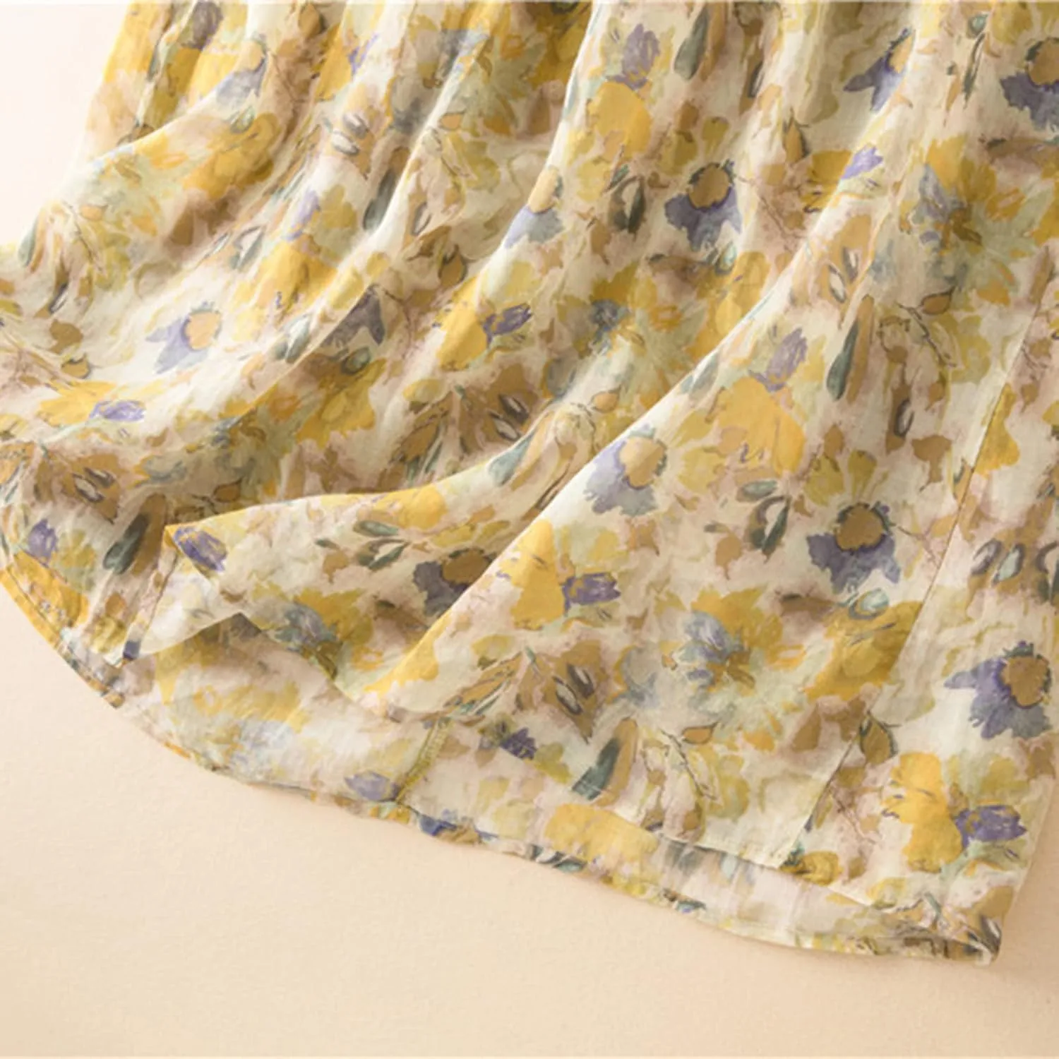 Womens Short Sleeve Lightweight Midi Dresses Cute Flower Graphic Print Sundress Tie Front Cotton Linen Dresses