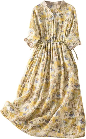 Womens Short Sleeve Lightweight Midi Dresses Cute Flower Graphic Print Sundress Tie Front Cotton Linen Dresses