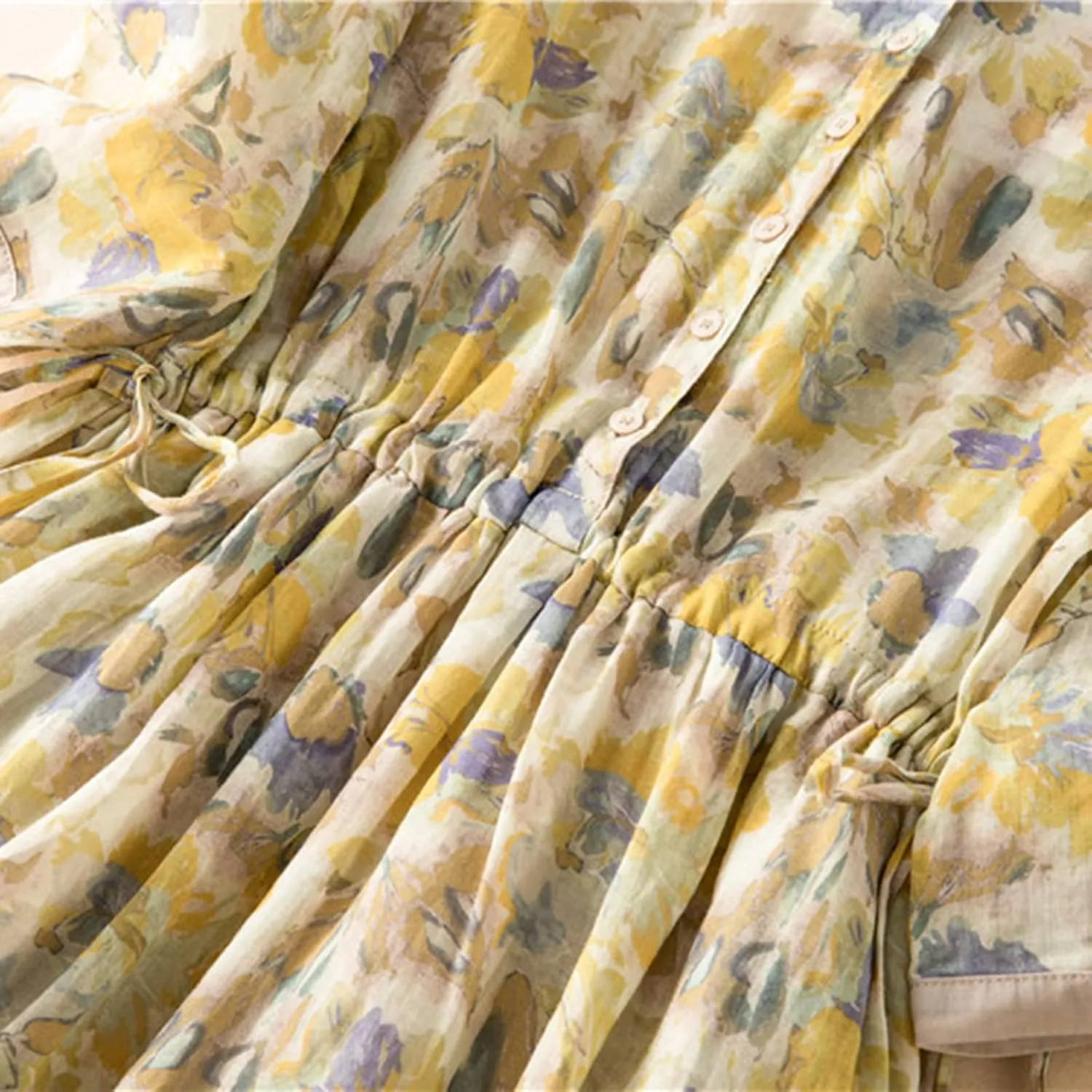Womens Short Sleeve Lightweight Midi Dresses Cute Flower Graphic Print Sundress Tie Front Cotton Linen Dresses