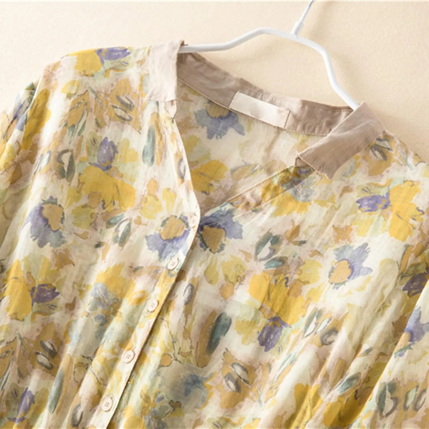 Womens Short Sleeve Lightweight Midi Dresses Cute Flower Graphic Print Sundress Tie Front Cotton Linen Dresses