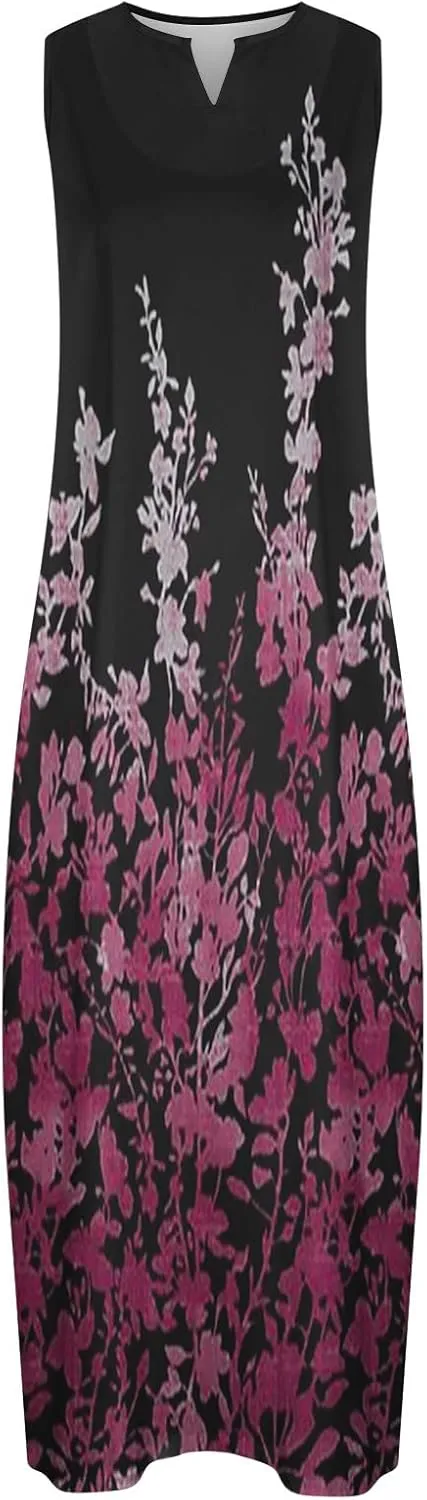 Womens Sleeveless Trendy Sundress Flower Pattern Print Maxi Dress Loose Fit Casual Vintage Summer Dresses