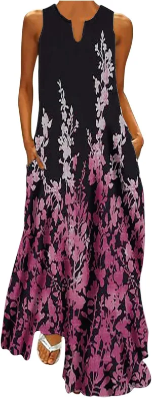 Womens Sleeveless Trendy Sundress Flower Pattern Print Maxi Dress Loose Fit Casual Vintage Summer Dresses