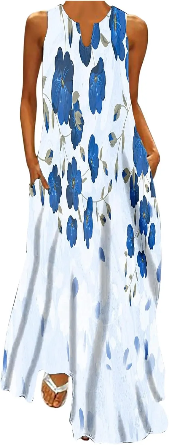Womens Sleeveless Trendy Sundress Flower Pattern Print Maxi Dress Loose Fit Casual Vintage Summer Dresses
