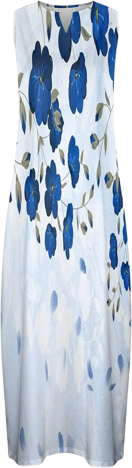 Womens Sleeveless Trendy Sundress Flower Pattern Print Maxi Dress Loose Fit Casual Vintage Summer Dresses