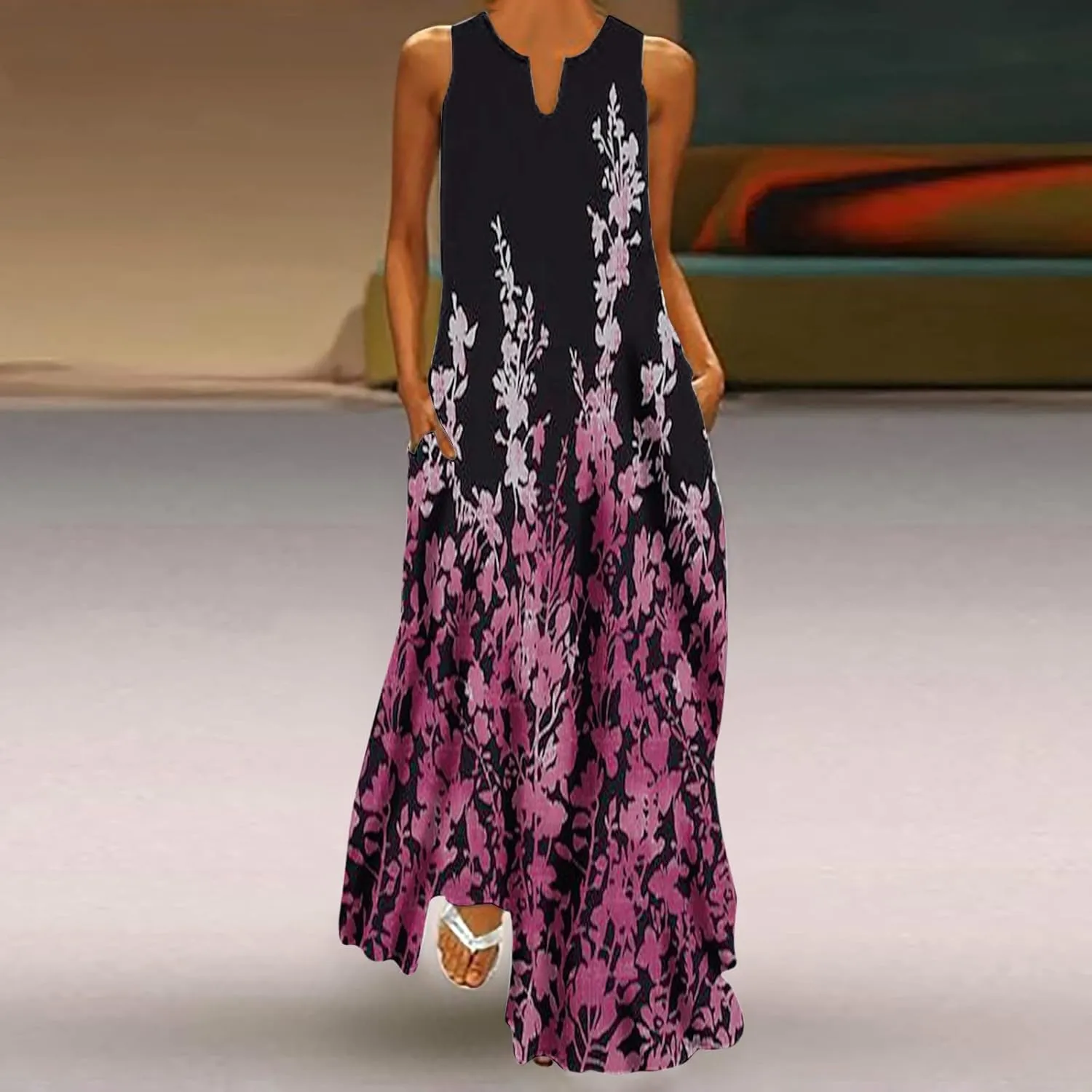 Womens Sleeveless Trendy Sundress Flower Pattern Print Maxi Dress Loose Fit Casual Vintage Summer Dresses