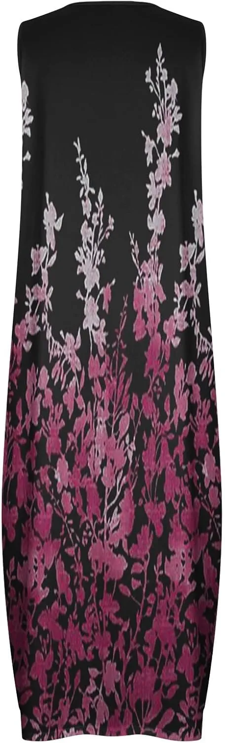 Womens Sleeveless Trendy Sundress Flower Pattern Print Maxi Dress Loose Fit Casual Vintage Summer Dresses