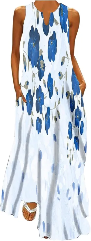 Womens Sleeveless Trendy Sundress Flower Pattern Print Maxi Dress Loose Fit Casual Vintage Summer Dresses