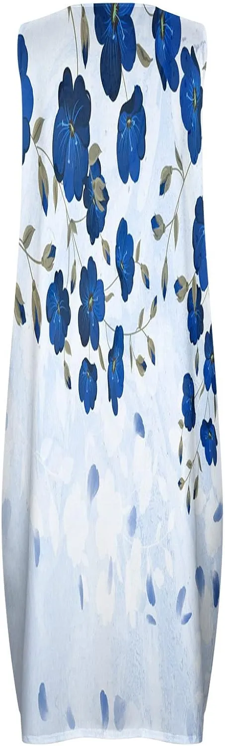 Womens Sleeveless Trendy Sundress Flower Pattern Print Maxi Dress Loose Fit Casual Vintage Summer Dresses